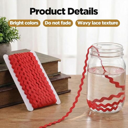 Jeffdad Rick Rack Trim for Sewing, 5 mm 27 Yards Red Wave Bending Fringe Trimming, Red Lace Ribbon Trim for DIY Sewing Crafts Gift Wrapping Wedding Christmas Party Decor in Kuwait