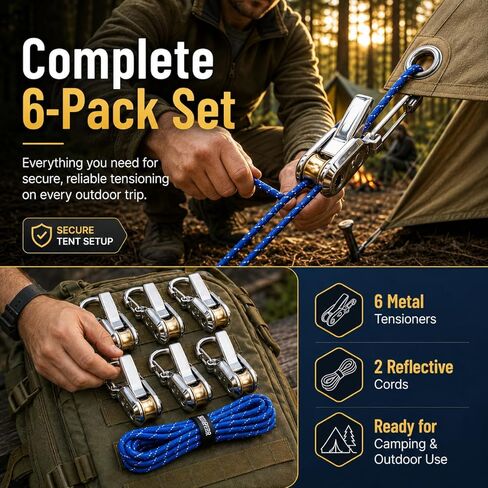 Upgrade Rope Rollers 6 Pack with Paracord Tensioner & Reflective Nylon Cord – Tightening and Cinching Tool for Camping, Tarps, Guy Lines, Boating & Outdoor Gear in Kuwait