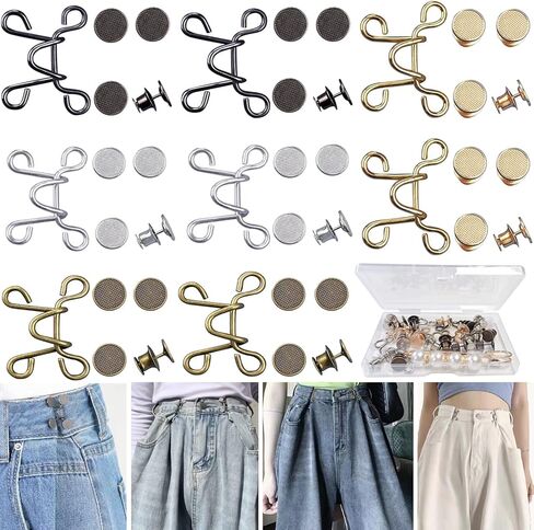 48 Pieces Adjustable Waist Buckle Extender Set, 8 Set 4 Style Jean Button Pins No Sewing Pants Clips for Waist in Kuwait