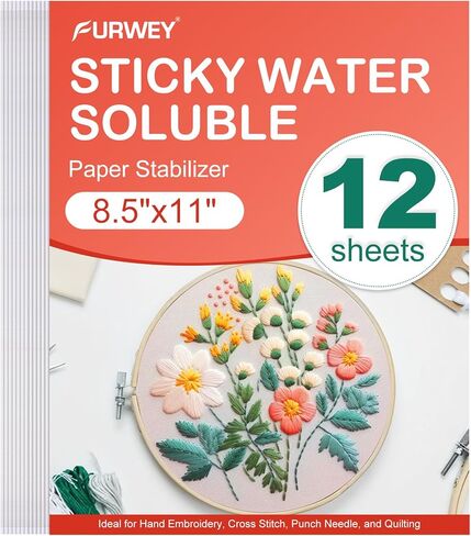 FURWEY 12PCS 8.5"x11" Wash Away Embroidery Stabilizer – Self Adhesive & Printable, Water Soluble Paper for Hand and Machine Use in Kuwait