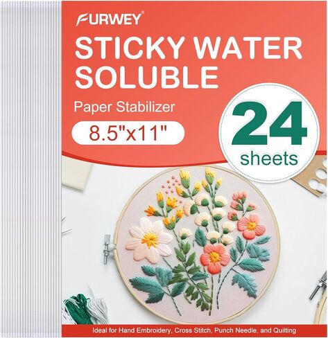 FURWEY 12PCS 8.5"x11" Wash Away Embroidery Stabilizer – Self Adhesive & Printable, Water Soluble Paper for Hand and Machine Use in Kuwait