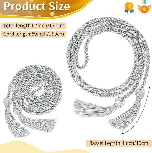 Graduation Honor Cord, Class of 2026, Silver, 67" Long Braided Cord with Tassels, Premium Polyester Commencement Cord for Bachelor, Master, Doctoral Gown in Saudi Arabia