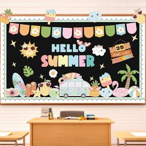 Summer June Bulletin Board Decorations Set Boho Hello Summer Classroom Decorations Tropical Hawaiian Beach Paper Cutouts with Blue Border for Home Office School Chalkboard Window Wall Door Teacher in Kuwait