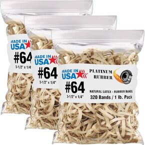 Bands Size 64, USA Office Supplies, Heavy Duty Elastic Bands, 3 1/2 x 1/4 Inch, 320 Bands per 1 lb Pound, 3 Pack or 25 Pack Bulk, Natural Tan Color, Large Rubberbands Made in America (3-PACK) in Saudi Arabia