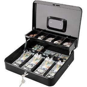 Jssmst Cash Box with Key Lock - 0.7mm Solid Steel, Auto-Pop Spill-Proof Foam Coin Tray, 4 Finger-Safe No-Pinch Bill Clips, Portable Cash Drawer for Small Business & Yard Sales, 11.8x9.5x3.54 in, Black in Kuwait