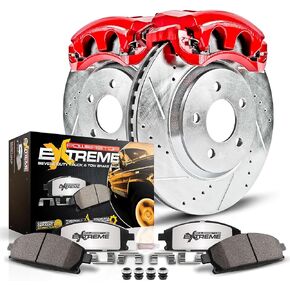 طقم الفرامل الأمامية والفرجار PowerStop لسيارة Ford Expedition 1997-00 |F-150 1999-00 |Lincoln Navigator 1998-00 - دوارات قرصية محفورة ومشقوقة + وسادات فرامل Z36 + الفرجار المطلي بمسحوق أحمر، KC1878-36 in Kuwait