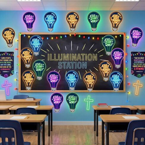 Sabary 16 Pcs VBS 2026 Light Bulb Cutouts Illumination Decorations 7.8x12.2 Inch Christian Jesus Neon Light Bulb Paper Cutout Set for VBS Church Decorations Bulletin Board Craft Classroom Wall Decor in Saudi Arabia