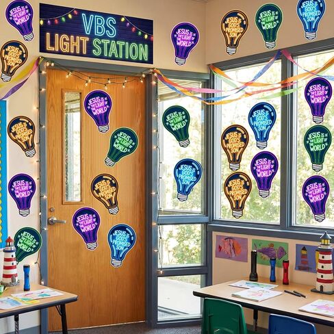 Sabary 16 Pcs VBS 2026 Light Bulb Cutouts Illumination Decorations 7.8x12.2 Inch Christian Jesus Neon Light Bulb Paper Cutout Set for VBS Church Decorations Bulletin Board Craft Classroom Wall Decor in Saudi Arabia
