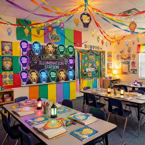 Sabary 16 Pcs VBS 2026 Light Bulb Cutouts Illumination Decorations 7.8x12.2 Inch Christian Jesus Neon Light Bulb Paper Cutout Set for VBS Church Decorations Bulletin Board Craft Classroom Wall Decor in Saudi Arabia