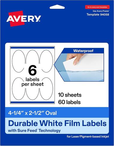 ملصقات بيضاوية متينة مقاومة للماء من Avery مع تغذية مؤكدة، 4.25 بوصة × 2.5 بوصة، 300 ملصق مقاوم للماء مقاوم للزيت والتمزق، ملصقات قابلة للطباعة بنفث الحبر تعتمد على الليزر/الأصباغ in Kuwait