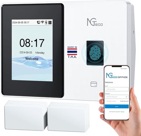 ساعة وقت الموظف السحابية NGTeco وبصمة الإصبع وآلة ثقب البطاقات مع شبكة WiFi 2.4G/5G وبطارية احتياطية بقدرة 2000 مللي أمبير في الساعة وتطبيق عن بعد/تحكم في الويب وتخزين AWS الآمن (0 رسوم شهرية) in Kuwait