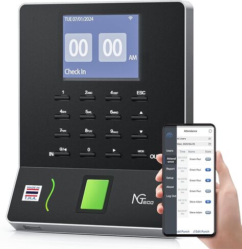 NGTeco APP Time Clock for Small Business, Fingerprint Biometric & PIN Clocking System, 2.4GHz WiFi Clocks in Machine for Employees with iOS/Android App, No Monthly Fee in Saudi Arabia
