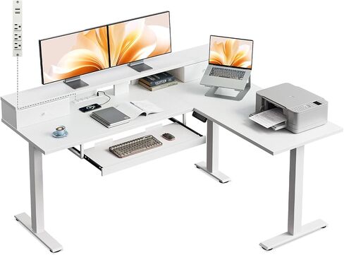 Casaottima 63 Inch Electric L-Shaped Standing Desk, Reversible Corner Desk with Height Adjustment, Large Ergonomic Workstation for Home Office, Reception Room, White in Kuwait
