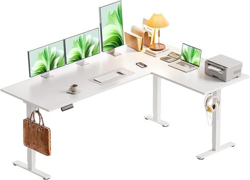 Casaottima 63 Inch Electric L-Shaped Standing Desk, Reversible Corner Desk with Height Adjustment, Large Ergonomic Workstation for Home Office, Reception Room, White in Kuwait