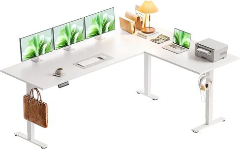 Casaottima 63 Inch Electric L-Shaped Standing Desk, Reversible Corner Desk with Height Adjustment, Large Ergonomic Workstation for Home Office, Reception Room, White in Kuwait