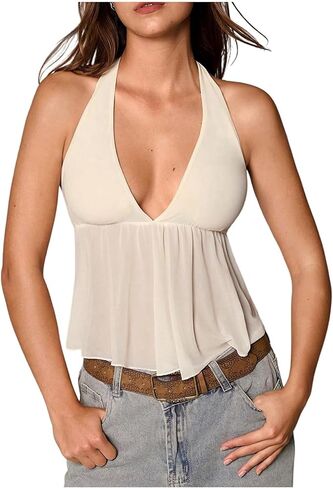 SOLY HUX Women's Tie Backless Sleeveless Halter Tops Deep V Neck Peplum Ruffle Mesh Sheer Summer Crop Top in Saudi Arabia