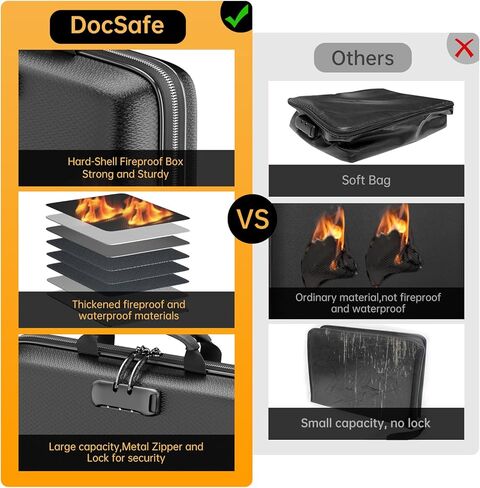 منظم ملفات مقاوم للحريق من DocSafe مع قفل، صندوق مستندات مقاوم للحريق مع 13 جيبًا، مجلد ملفات أكورديون محمول، تخزين آمن للسفر والمكتب المنزلي للمستندات المهمة والكمبيوتر المحمول باللون الأسود in Kuwait
