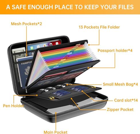 منظم ملفات مقاوم للحريق من DocSafe مع قفل، صندوق مستندات مقاوم للحريق مع 13 جيبًا، مجلد ملفات أكورديون محمول، تخزين آمن للسفر والمكتب المنزلي للمستندات المهمة والكمبيوتر المحمول باللون الأسود in Kuwait