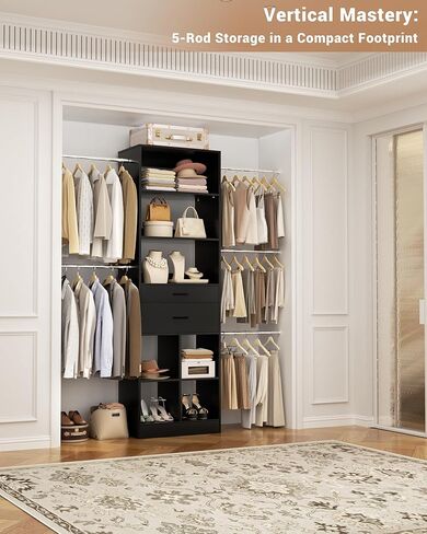 Besiost Small Closet System, 3.2-6.8FT Small Closet Organizer with 5 Hanging Rods, Can Fit 37.5 to 81.9 inch Walk-in Closet System, Built-in, Black, Enclosed Storage Volume 2.32 ft³ in Saudi Arabia