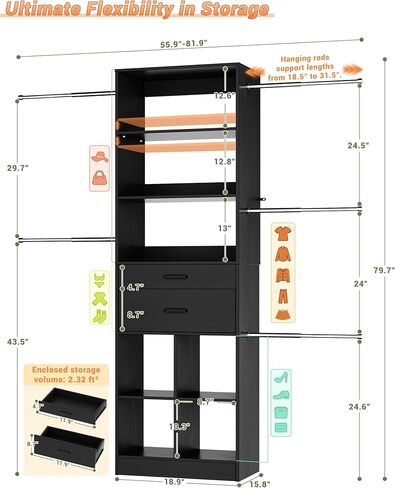 Besiost Small Closet System, 3.2-6.8FT Small Closet Organizer with 5 Hanging Rods, Can Fit 37.5 to 81.9 inch Walk-in Closet System, Built-in, Black, Enclosed Storage Volume 2.32 ft³ in Saudi Arabia