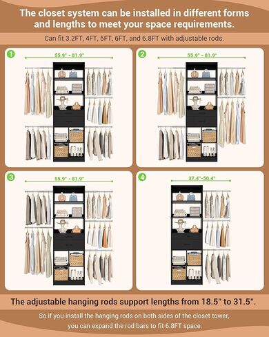 Besiost Small Closet System, 3.2-6.8FT Small Closet Organizer with 5 Hanging Rods, Can Fit 37.5 to 81.9 inch Walk-in Closet System, Built-in, Black, Enclosed Storage Volume 2.32 ft³ in Saudi Arabia