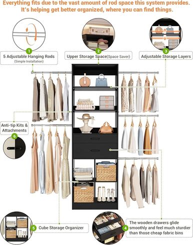 Besiost Small Closet System, 3.2-6.8FT Small Closet Organizer with 5 Hanging Rods, Can Fit 37.5 to 81.9 inch Walk-in Closet System, Built-in, Black, Enclosed Storage Volume 2.32 ft³ in Saudi Arabia