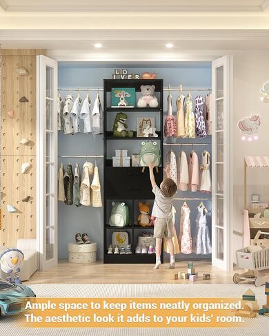 Besiost Small Closet System, 3.2-6.8FT Small Closet Organizer with 5 Hanging Rods, Can Fit 37.5 to 81.9 inch Walk-in Closet System, Built-in, Black, Enclosed Storage Volume 2.32 ft³ in Saudi Arabia