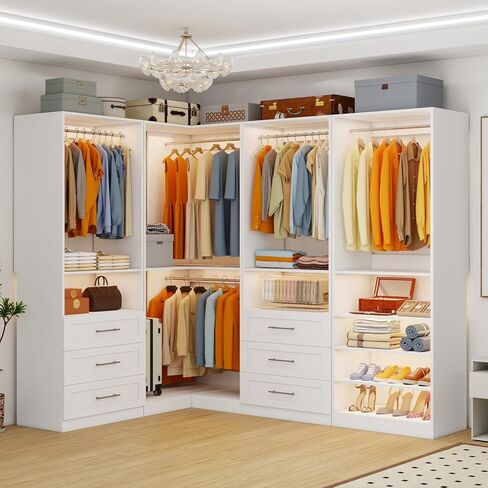 Closet Organizer System with 6 Wooden Drawers, 54.4"-259.4" Walk-In Closet System, 8 Shelves, 8 Hanging Rods, Heavy Duty Modular L-Shape Corner Closet System for Walk-In Closet, White, 4 Sets in Kuwait