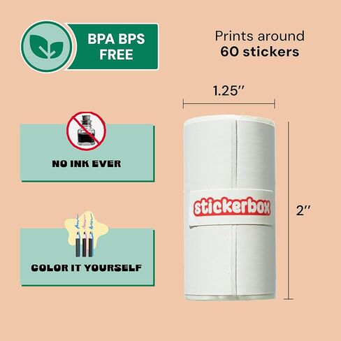 لفات ورق حرارية خالية من BPS/BPA من Stickerbox - 3 عبوات من ورق الطابعة بدون حبر لصانع الملصقات الذي يعمل بالصوت AI - خالية من الفوضى، آمنة على الأطفال 180 إجمالي اصنع ملصقاتك الخاصة، للأطفال من سن 5 سنوات فما فوق، 1.25 بوصة × 2 بوصة in Kuwait