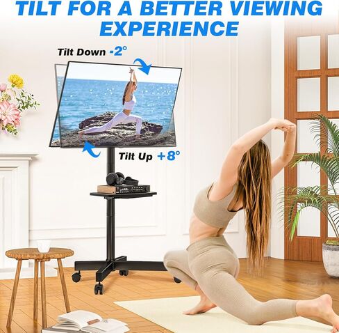 حامل تلفزيون Rfiver المحمول لشاشات تلفزيون LCD LED مسطحة/منحنية مقاس 23-65 بوصة يصل وزنها إلى 88 رطلاً، حامل تلفزيون متدحرج مع رف قابل للتعديل وإمالة، حامل أرضي محمول على عجلات لغرفة النوم وغرفة المعيشة والمكتب in Kuwait