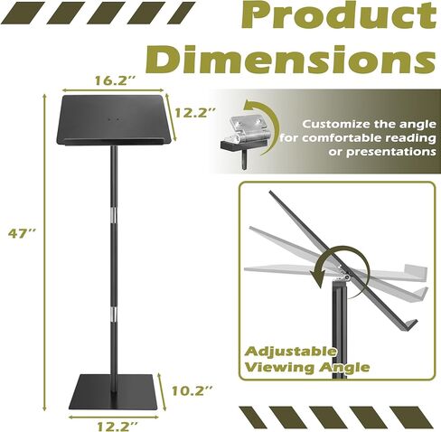 Podium Stand, Lecterns & Podiums, Acrylic Adjustable Angles with Metal Base, Podium for Church, Weddings, Classroom, Speech, 16.2" L x 12.2" W x 47" H (Black) in Kuwait