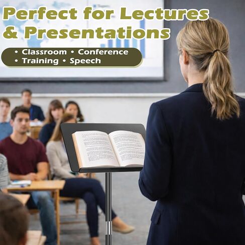 Podium Stand, Lecterns & Podiums, Acrylic Adjustable Angles with Metal Base, Podium for Church, Weddings, Classroom, Speech, 16.2" L x 12.2" W x 47" H (Black) in Kuwait