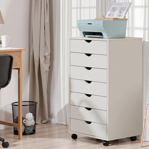 OLIXIS 7 Drawer Chest Wood File Cabinet Rolling Organization Storage Dresser with Wheels for Home Office, 15.75" D x 18.74" W x 34.25" H, Natural White in Kuwait