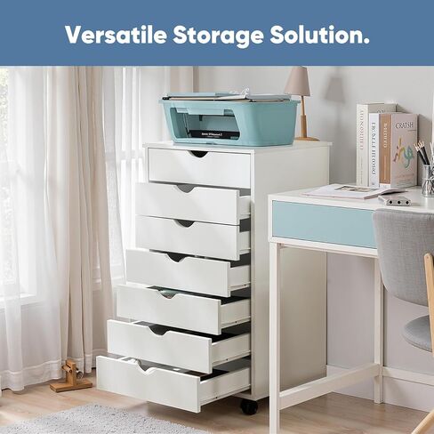 OLIXIS 7 Drawer Chest Wood File Cabinet Rolling Organization Storage Dresser with Wheels for Home Office, 15.75" D x 18.74" W x 34.25" H, Natural White in Kuwait