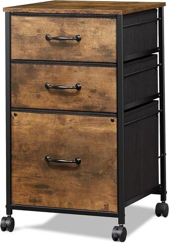 خزانة ملفات متنقلة من DEVAISE، حامل طابعة متدحرج مع 3 أدراج، خزانة ملفات عمودية من القماش تناسب حجم A4 أو Letter للمكتب المنزلي، طباعة حبوب خشبية بنية ريفية in Kuwait