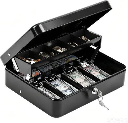 KYODOLED Cash Box with Key Lock, Metal Cash Drawer with Auto-Pop Coin Tray & Hidden Storage, Portable Money Box with Windproof Bill Clips for Small Business Yard Sales, 11.8x9.45x3.54 Inch, Black in Kuwait