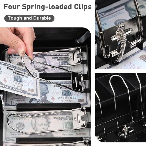 KYODOLED Cash Box with Key Lock, Metal Cash Drawer with Auto-Pop Coin Tray & Hidden Storage, Portable Money Box with Windproof Bill Clips for Small Business Yard Sales, 11.8x9.45x3.54 Inch, Black in Kuwait
