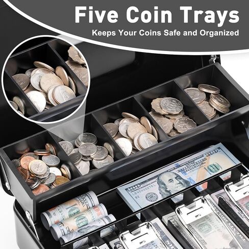 KYODOLED Cash Box with Key Lock, Metal Cash Drawer with Auto-Pop Coin Tray & Hidden Storage, Portable Money Box with Windproof Bill Clips for Small Business Yard Sales, 11.8x9.45x3.54 Inch, Black in Kuwait