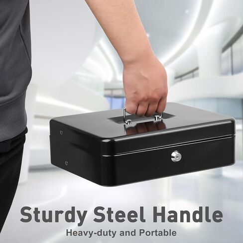 KYODOLED Cash Box with Key Lock, Metal Cash Drawer with Auto-Pop Coin Tray & Hidden Storage, Portable Money Box with Windproof Bill Clips for Small Business Yard Sales, 11.8x9.45x3.54 Inch, Black in Kuwait