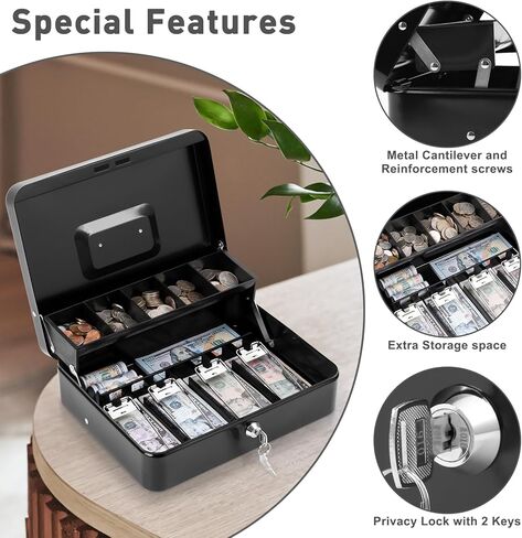 KYODOLED Cash Box with Key Lock, Metal Cash Drawer with Auto-Pop Coin Tray & Hidden Storage, Portable Money Box with Windproof Bill Clips for Small Business Yard Sales, 11.8x9.45x3.54 Inch, Black in Kuwait