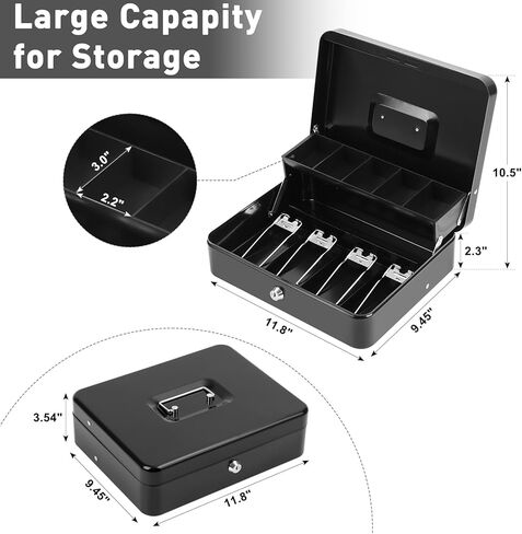 KYODOLED Cash Box with Key Lock, Metal Cash Drawer with Auto-Pop Coin Tray & Hidden Storage, Portable Money Box with Windproof Bill Clips for Small Business Yard Sales, 11.8x9.45x3.54 Inch, Black in Kuwait