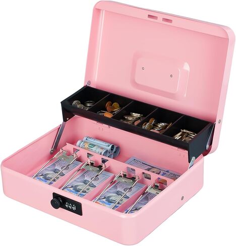 KYODOLED Cash Box with Key Lock, Metal Cash Drawer with Auto-Pop Coin Tray & Hidden Storage, Portable Money Box with Windproof Bill Clips for Small Business Yard Sales, 11.8x9.45x3.54 Inch, Black in Kuwait