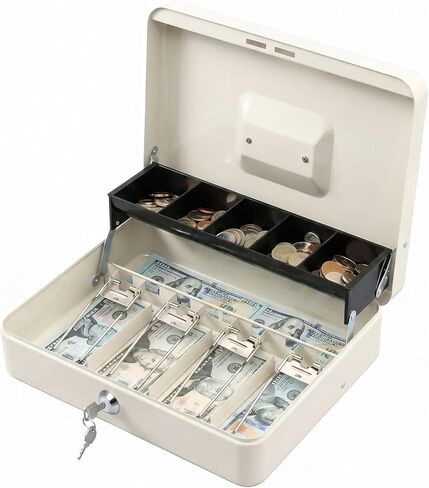 KYODOLED Cash Box with Key Lock, Metal Cash Drawer with Auto-Pop Coin Tray & Hidden Storage, Portable Money Box with Windproof Bill Clips for Small Business Yard Sales, 11.8x9.45x3.54 Inch, Black in Kuwait
