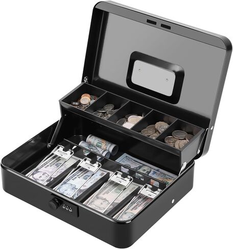 KYODOLED Cash Box with Key Lock, Metal Cash Drawer with Auto-Pop Coin Tray & Hidden Storage, Portable Money Box with Windproof Bill Clips for Small Business Yard Sales, 11.8x9.45x3.54 Inch, Black in Kuwait
