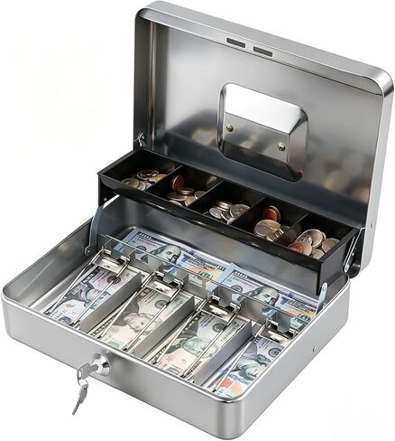 KYODOLED Cash Box with Key Lock, Metal Cash Drawer with Auto-Pop Coin Tray & Hidden Storage, Portable Money Box with Windproof Bill Clips for Small Business Yard Sales, 11.8x9.45x3.54 Inch, Black in Kuwait