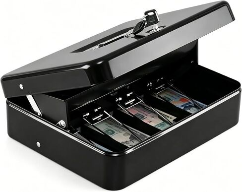 KYODOLED Cash Box with Key Lock, Metal Cash Drawer with Auto-Pop Coin Tray & Hidden Storage, Portable Money Box with Windproof Bill Clips for Small Business Yard Sales, 11.8x9.45x3.54 Inch, Black in Kuwait