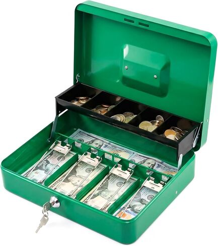 KYODOLED Cash Box with Key Lock, Metal Cash Drawer with Auto-Pop Coin Tray & Hidden Storage, Portable Money Box with Windproof Bill Clips for Small Business Yard Sales, 11.8x9.45x3.54 Inch, Black in Kuwait