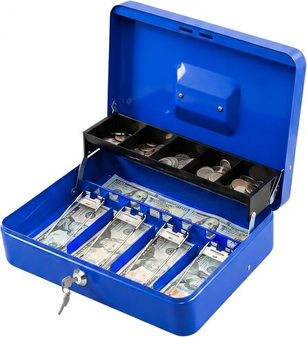 KYODOLED Cash Box with Key Lock, Metal Cash Drawer with Auto-Pop Coin Tray & Hidden Storage, Portable Money Box with Windproof Bill Clips for Small Business Yard Sales, 11.8x9.45x3.54 Inch, Black in Kuwait