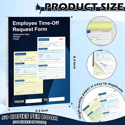 100 Sets Employee Time Off Request Forms Carbonless Duplicate Book 5.5x8.3 Inches Sequential Numbered for Office Employee Leave Management (2) in Saudi Arabia
