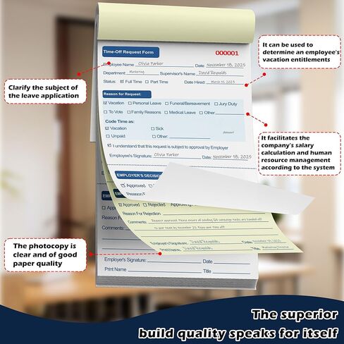 100 Sets Employee Time Off Request Forms Carbonless Duplicate Book 5.5x8.3 Inches Sequential Numbered for Office Employee Leave Management (2) in Saudi Arabia
